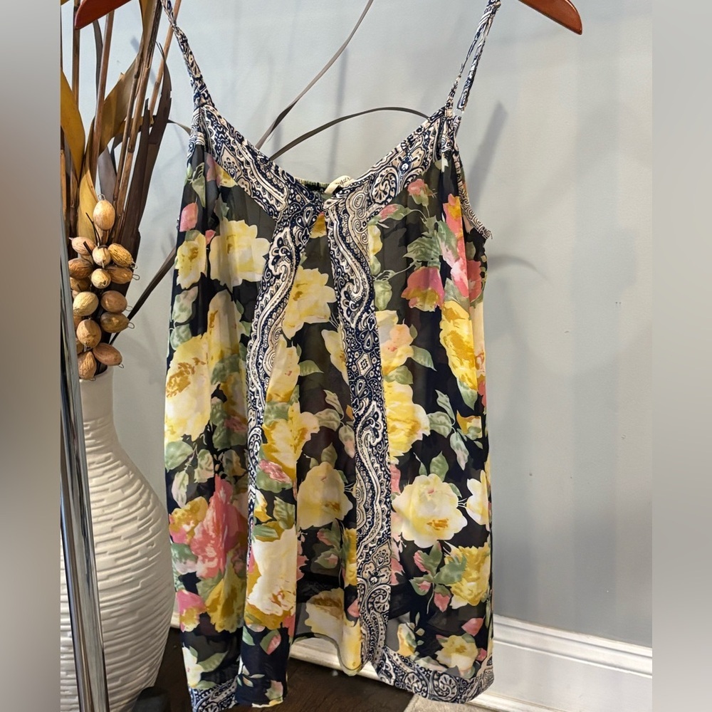 Mystree Floral Sheer Boho Camisole Tank Strap Camisole with Paisley Trim-small